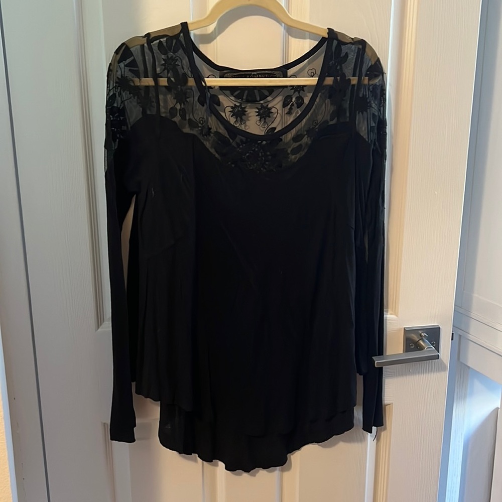 Free People Lace Mesh Long Sleeve Top - Black